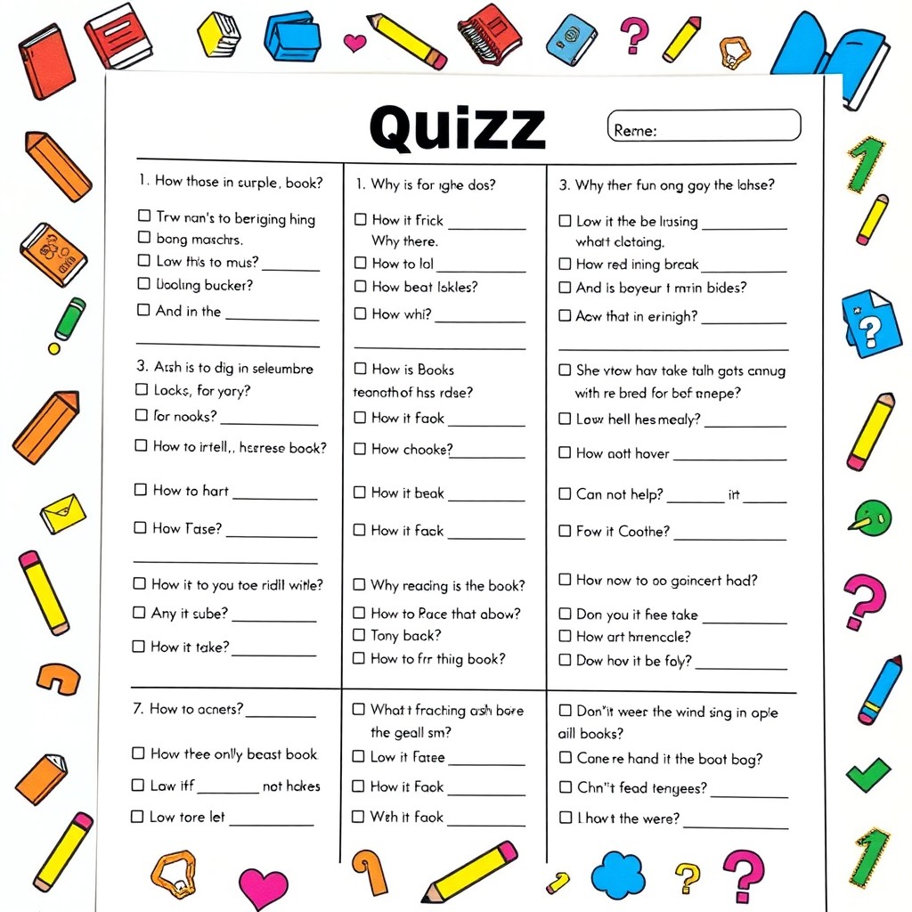 A vibrant and colorful quiz sheet filled with various question types such as multiple choice, true/false, and fill in the blanks