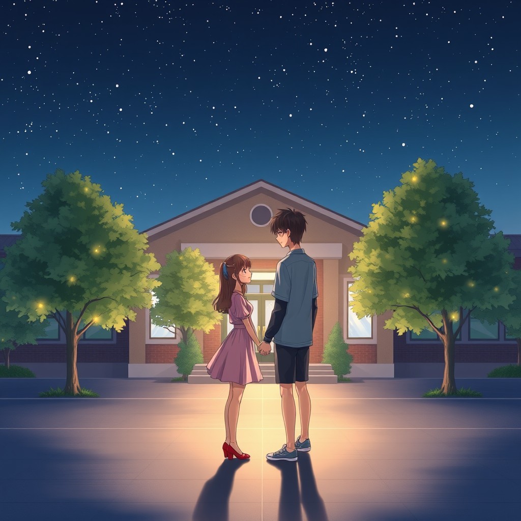 A heartwarming anime-style illustration of a 17-year-old boy and girl in love, standing together at night, behind a one-floor school building