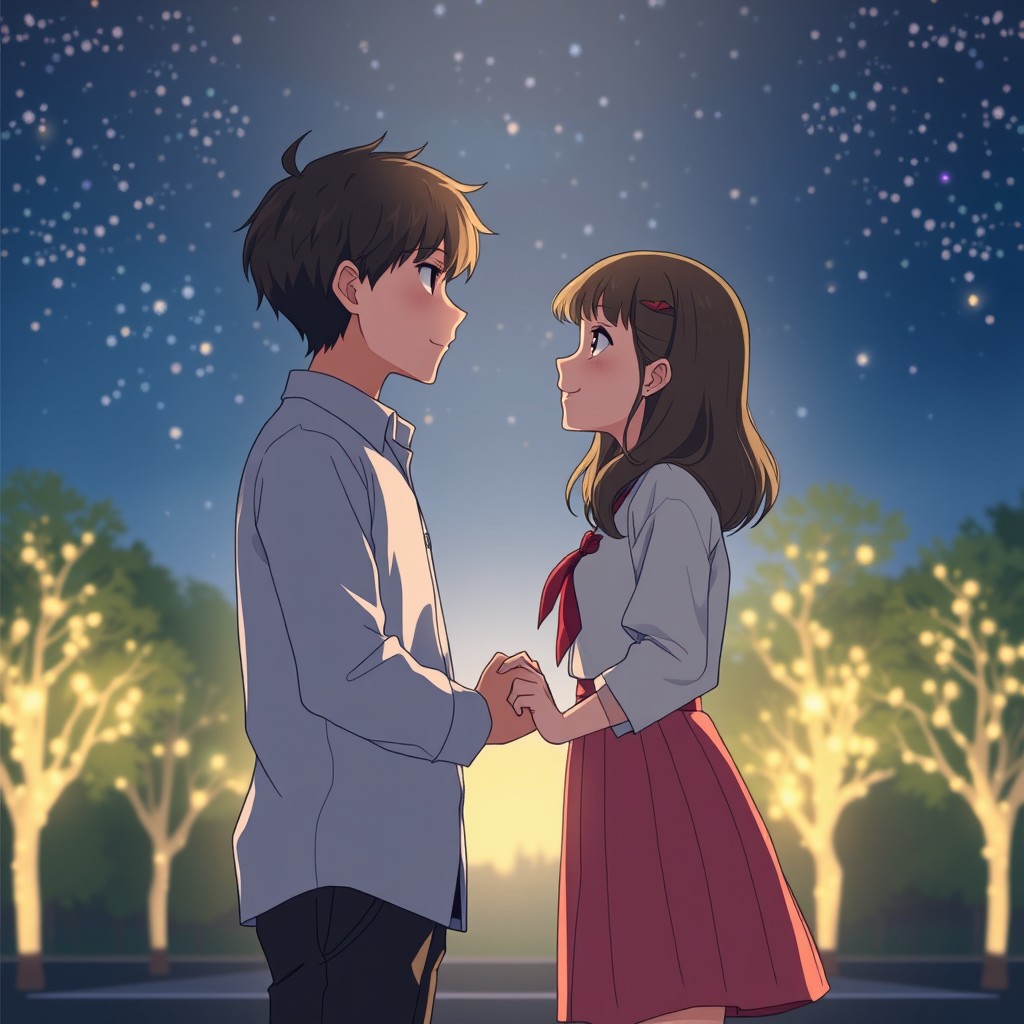 A romantic scene set at a school annual day function at night, focusing on a teenage boy and girl locked in a loving gaze, holding hands