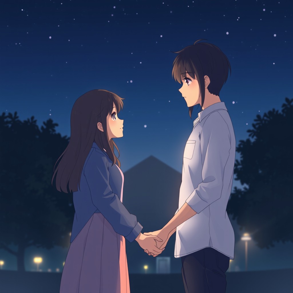 An intimate scene depicting a 17-year-old boy and girl who are deeply in love, meeting after a long time at a school annual day function at night