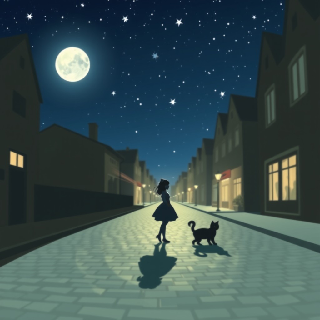 A night scene filled with twinkling stars in a clear sky, featuring a cobblestone street illuminated by soft moonlight