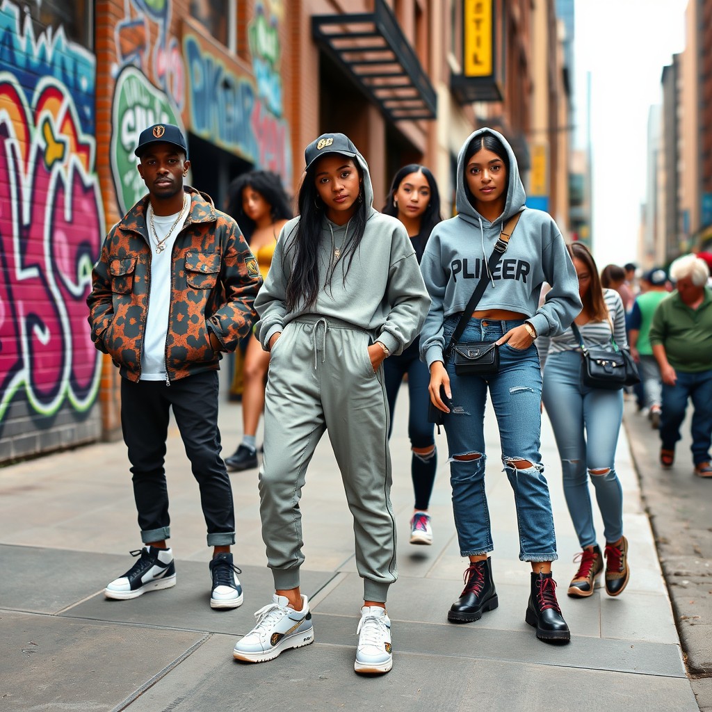 A vibrant street scene showcasing diverse urban outfits