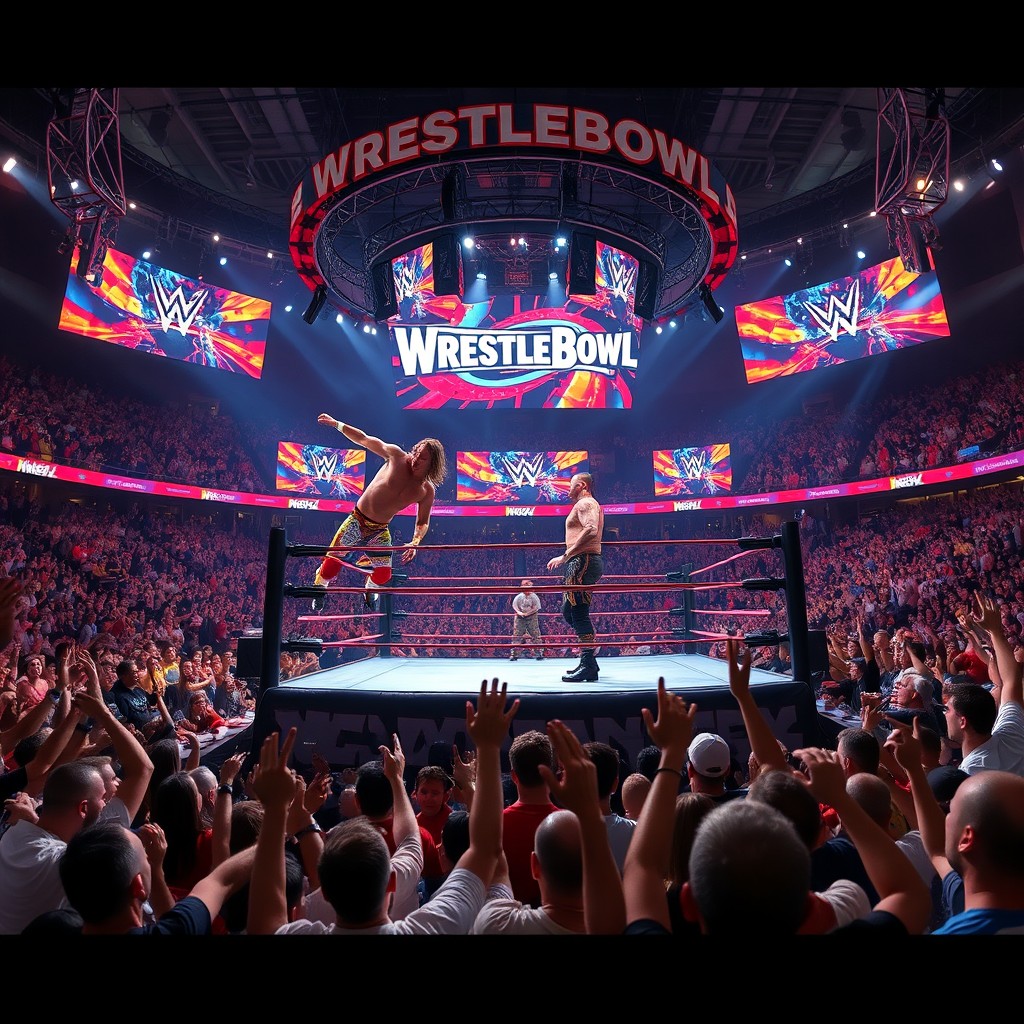 A dynamic and vibrant scene of a professional wrestling match taking place inside a large, colorful arena known as Wrestlebowl