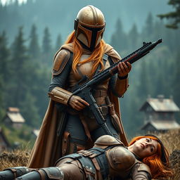 A high-resolution image of a female Mandalorian character inspired by Star Wars, featuring scratched, dirty, and dented tan armor