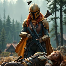 A high-resolution image of a female Mandalorian character inspired by Star Wars, featuring scratched, dirty, and dented tan armor
