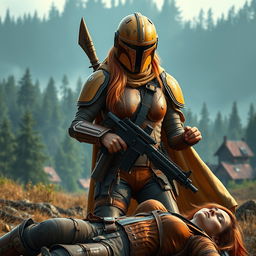 A high-resolution image of a female Mandalorian character inspired by Star Wars, featuring scratched, dirty, and dented tan armor
