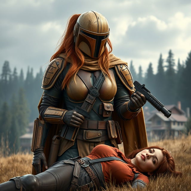 A high-resolution image of a female Mandalorian character inspired by Star Wars, featuring scratched, dirty, and dented tan armor