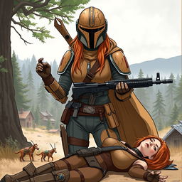 A high-resolution, high-quality illustration of a female Mandalorian from Star Wars featuring scratched, dirty, and dented tan armor