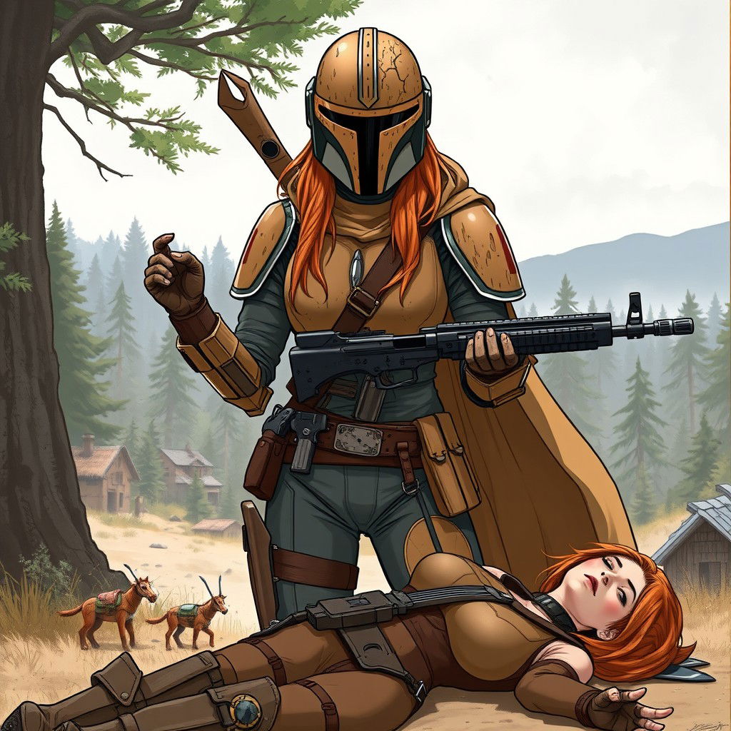 A high-resolution, high-quality illustration of a female Mandalorian from Star Wars featuring scratched, dirty, and dented tan armor