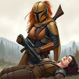 A high-resolution, high-quality illustration of a female Mandalorian from Star Wars featuring scratched, dirty, and dented tan armor