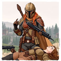 A high-resolution, high-quality illustration of a female Mandalorian from Star Wars featuring scratched, dirty, and dented tan armor