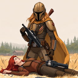 A high-resolution, high-quality illustration of a female Mandalorian from Star Wars featuring scratched, dirty, and dented tan armor