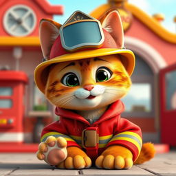 A charming fireman cat character designed in a vibrant Pixar and Disney animation style