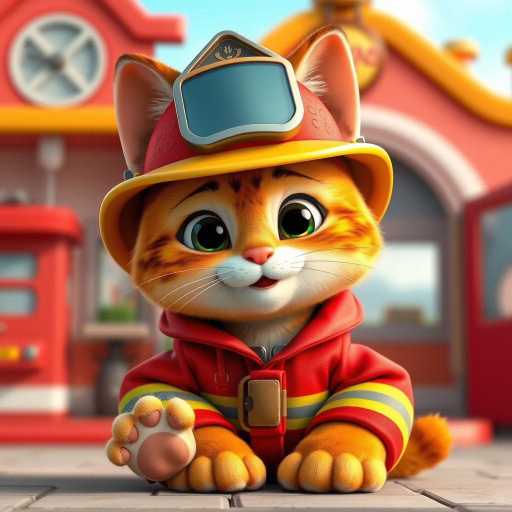 A charming fireman cat character designed in a vibrant Pixar and Disney animation style