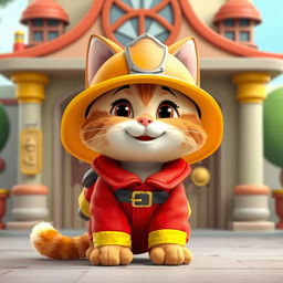 A charming fireman cat character designed in a vibrant Pixar and Disney animation style