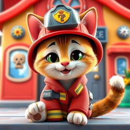 A charming fireman cat character designed in a vibrant Pixar and Disney animation style