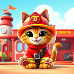 A charming fireman cat character designed in a vibrant Pixar and Disney animation style