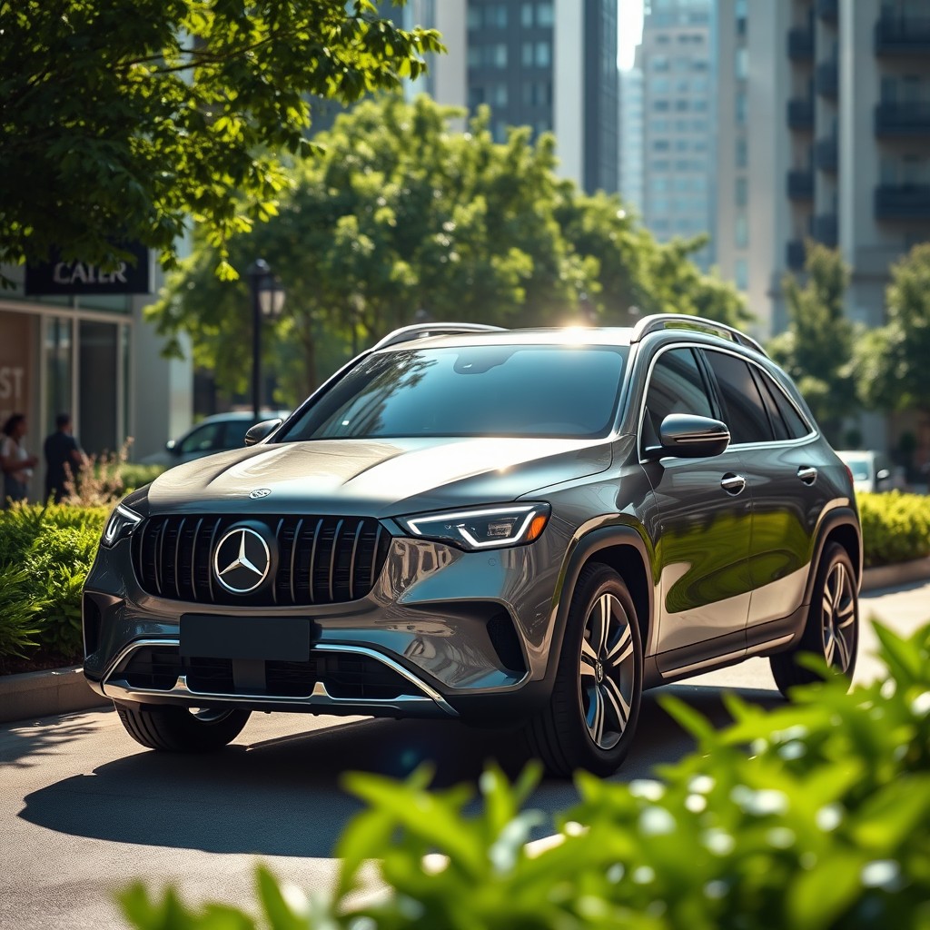 A stunning Mercedes EQS SUV, featuring its robust and elegant silhouette, showcased in a vibrant city setting