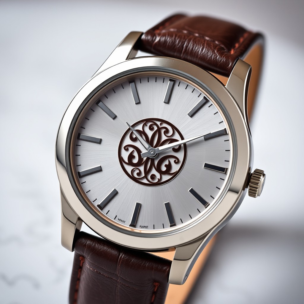 A beautifully designed watch featuring a prominent logo at the center of the dial