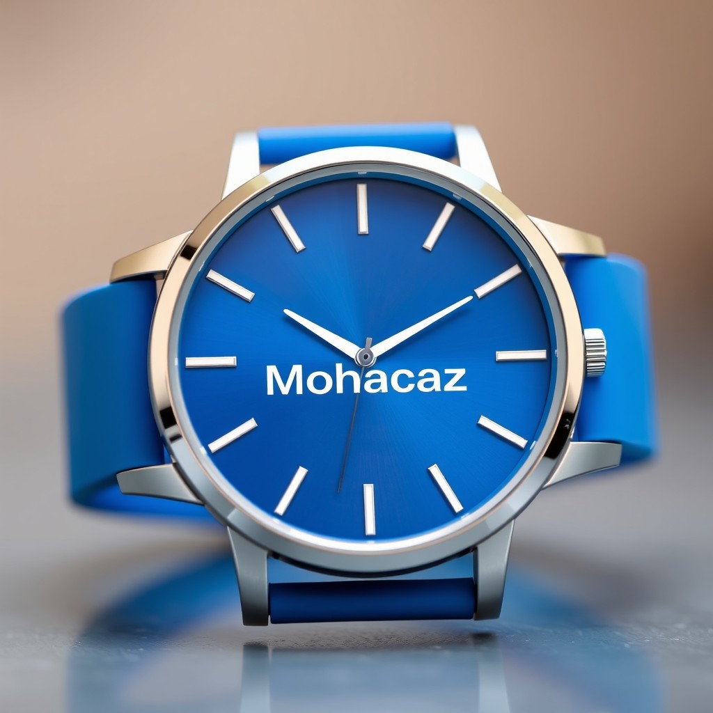A stylish blue watch featuring the 'Mohacaz' logo prominently displayed at the center of the dial