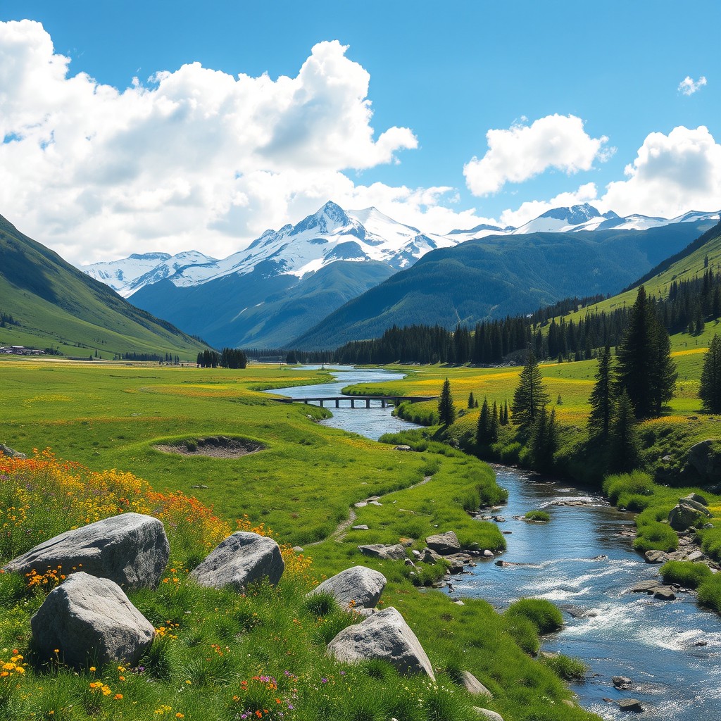 A breathtaking natural landscape featuring a vibrant green valley dotted with colorful wildflowers under a clear blue sky, majestic mountains towering in the background covered with snow, a tranquil river winding through the scene reflecting the sunlight, and fluffy white clouds scattered across the sky
