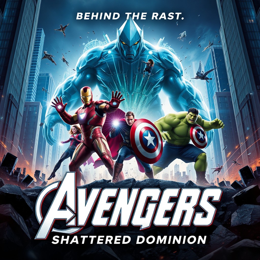 A dramatic poster for 'Avengers: Shattered Dominion' featuring the Avengers team in an epic showdown against a giant crystal giant