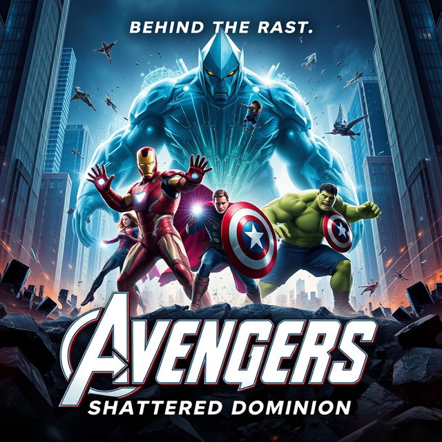 A dramatic poster for 'Avengers: Shattered Dominion' featuring the Avengers team in an epic showdown against a giant crystal giant