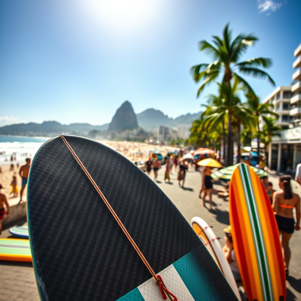 A vibrant street scene in Ipanema, Brazil, showcasing stunning beach views with people enjoying the sun