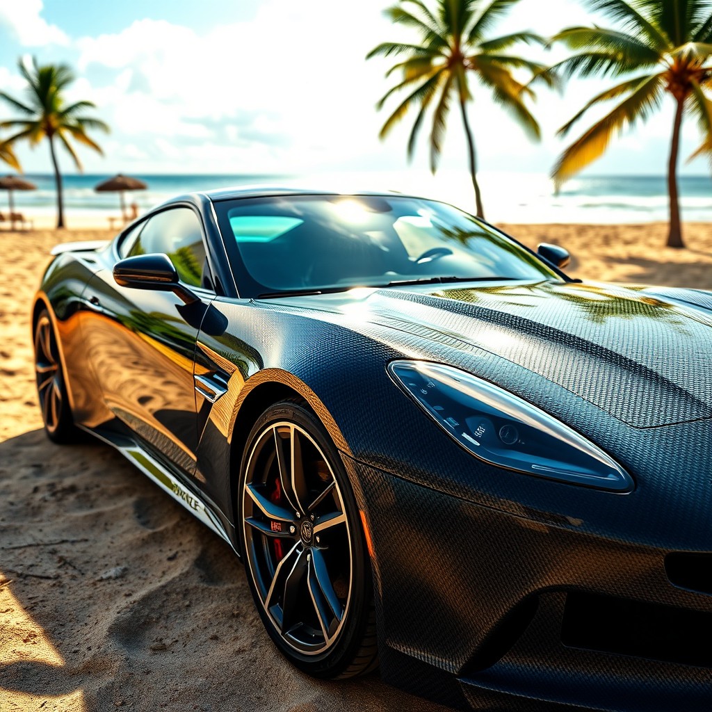 A sleek and stylish Ipanema car featuring a striking carbon fiber wrap, showcasing its smooth lines and curves
