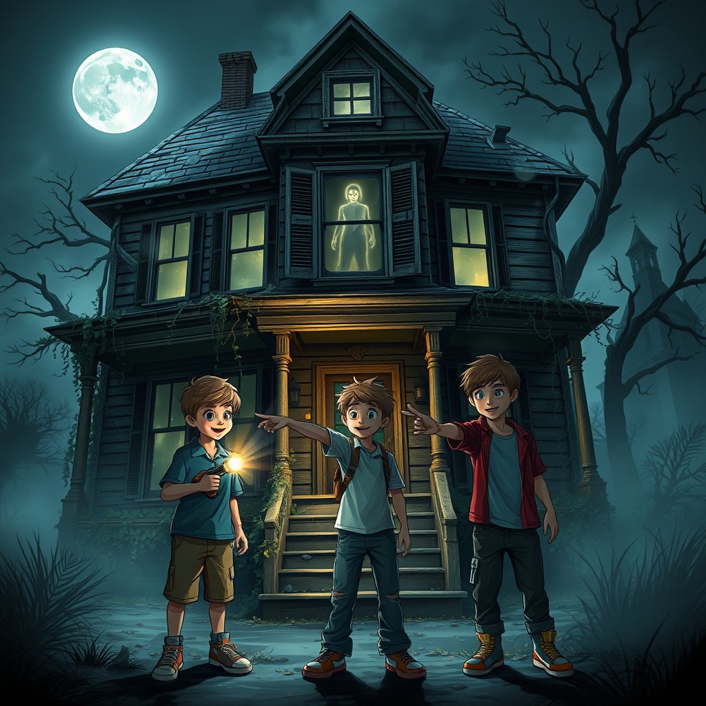 Three adventurous boys standing in front of an old, eerie haunted house, which looms ominously under the moonlight