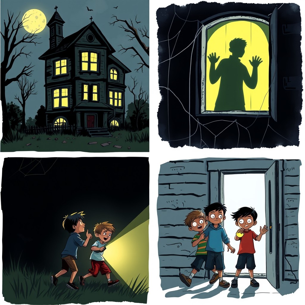 A visual narrative that captures a thrilling adventure involving three boys exploring a haunted house