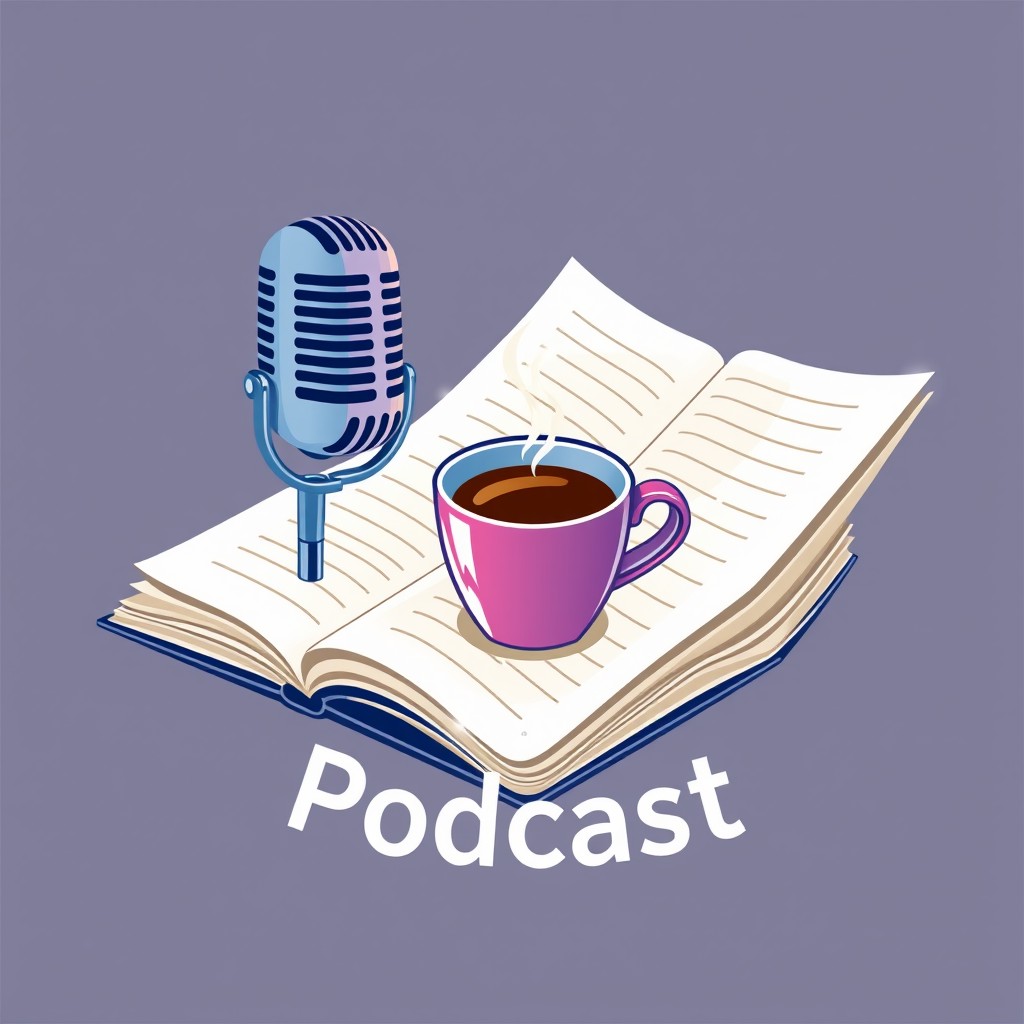 A modern and stylish podcast logo featuring a sleek microphone, an open book, and a steaming coffee cup arranged creatively