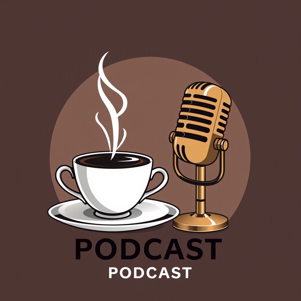 A sleek and modern podcast logo featuring an elegant coffee cup and a vintage-style microphone, arranged in a harmonious layout