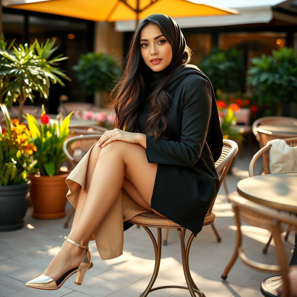A captivating Muslim woman in chic attire, confidently seated with her legs prominently displayed