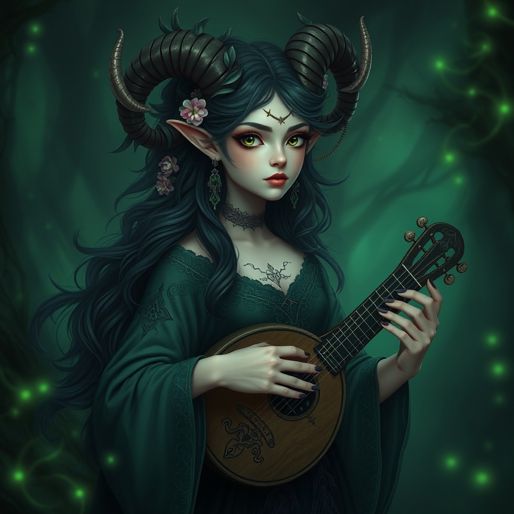 A beautiful satyr girl with elegant horns, blending traits of a bard and necromancer
