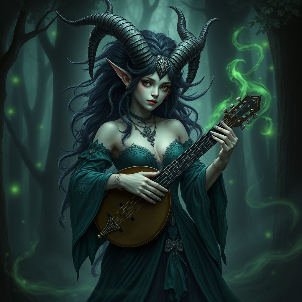 A captivating satyr female with graceful horns, embodying the characteristics of both a bard and a necromancer