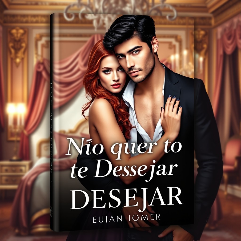 An elegant ebook cover titled 'Não quero te Desejar', featuring a beautiful red-haired woman and a handsome man with black hair and silver eyes