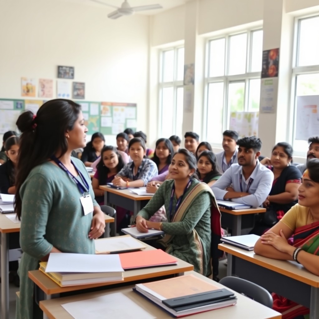 A vibrant classroom scene filled with diverse students attentively listening to a female faculty member teaching