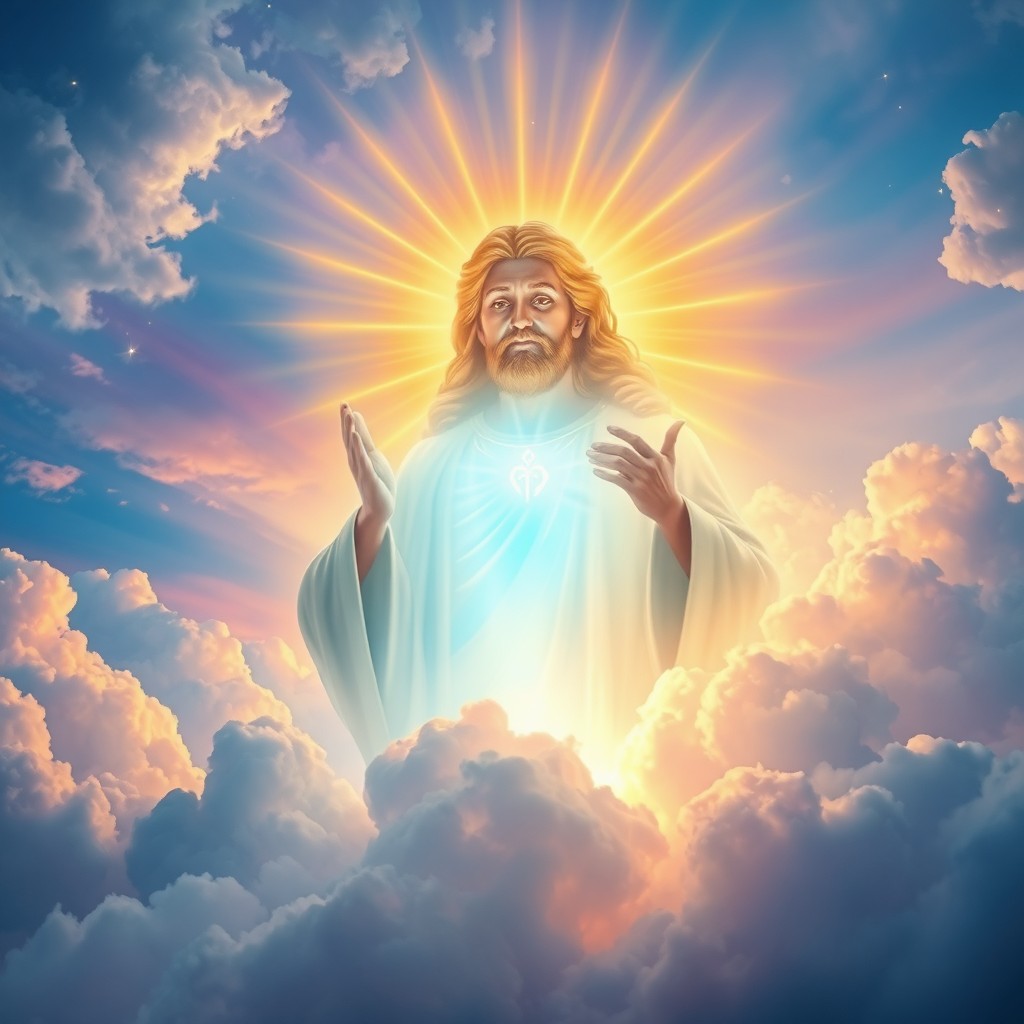 A breathtaking scene depicting a celestial figure illuminated by a divine light, surrounded by ethereal clouds and glowing golden rays