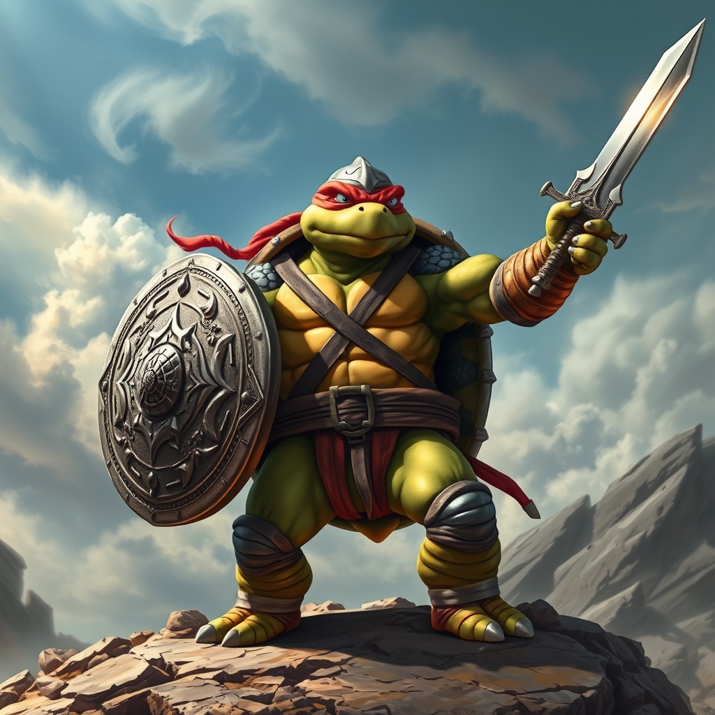 A fierce and heroic turtle warrior standing proudly, clutching a shiny shield and a sharp sword