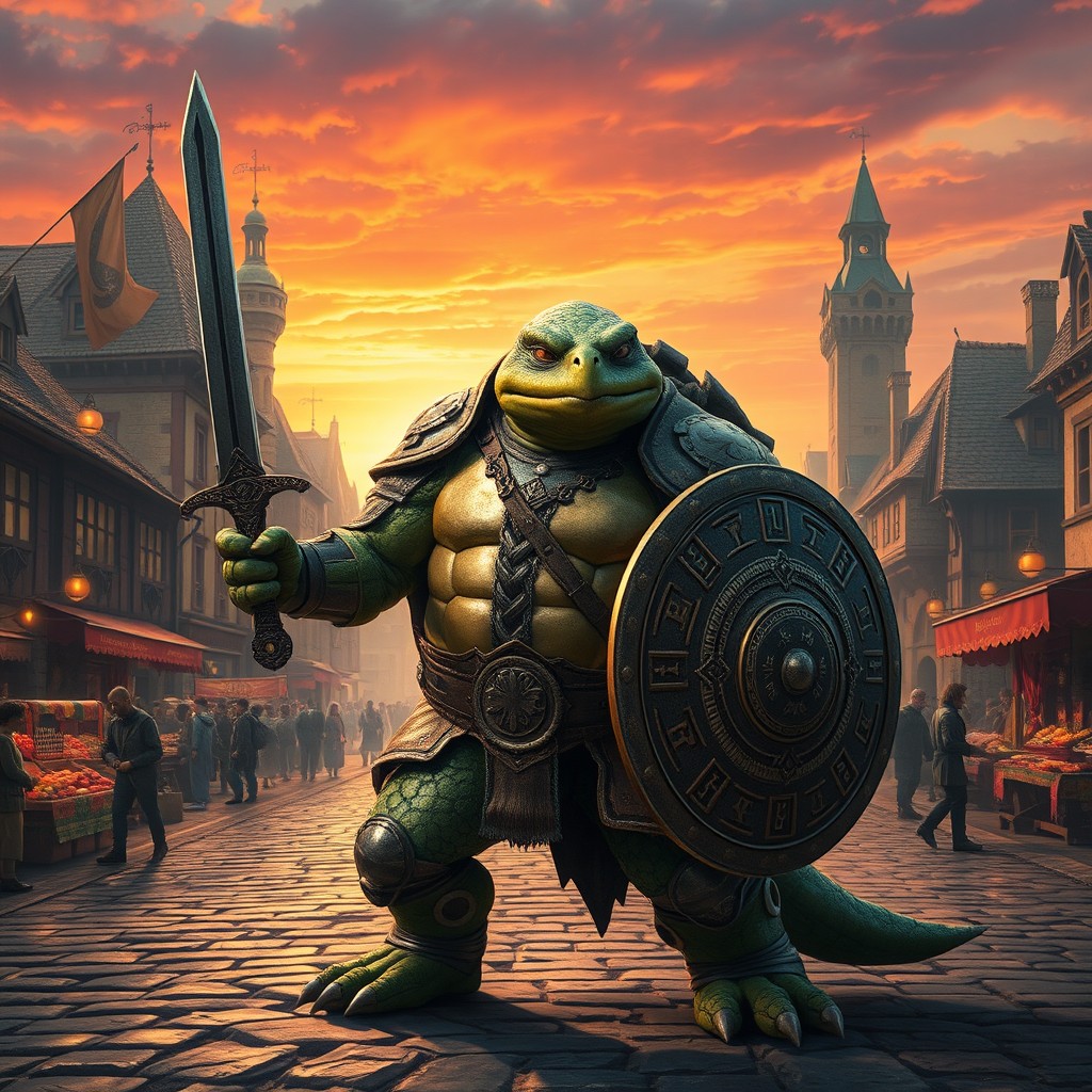 A fierce turtle warrior standing in a medieval city square, wearing intricately designed armor featuring metallic and reptilian elements