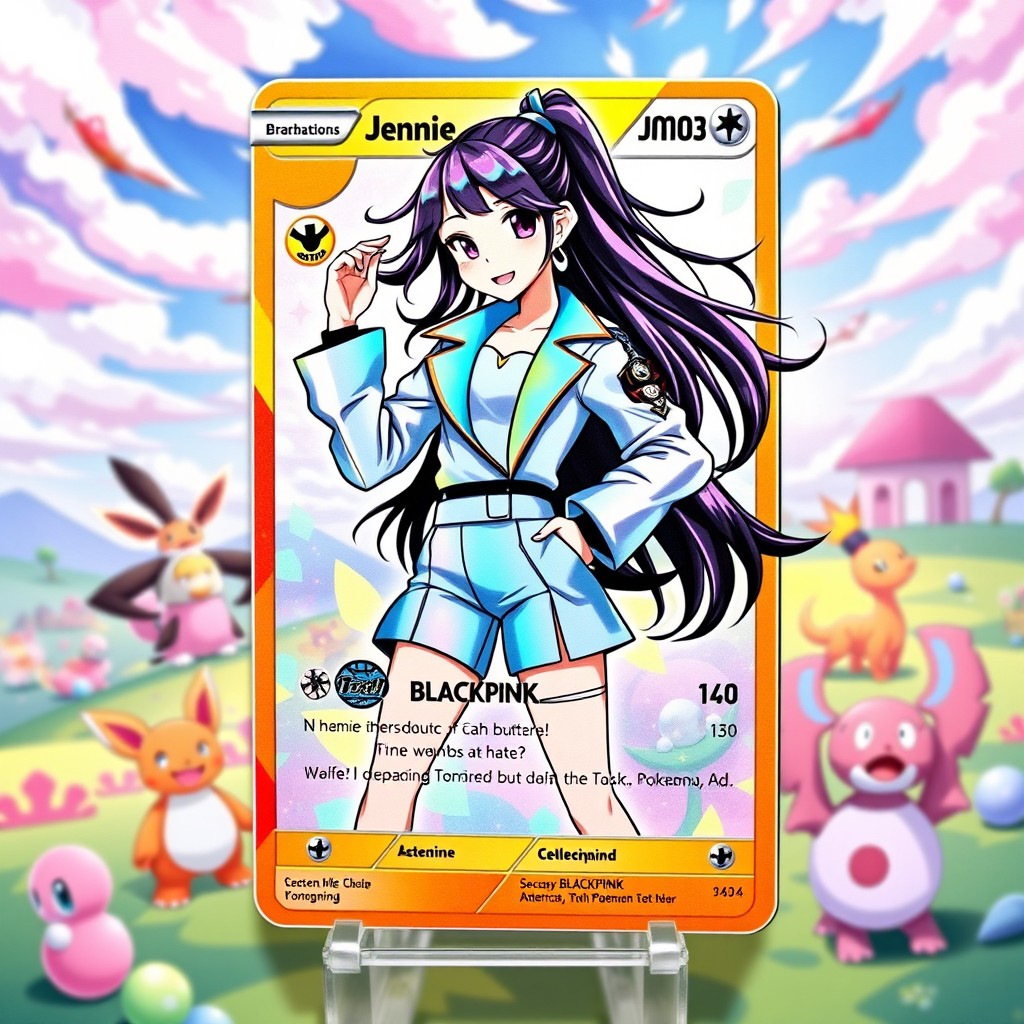 A vibrant and colorful trading card featuring Jennie from BLACKPINK as a Pokémon trainer