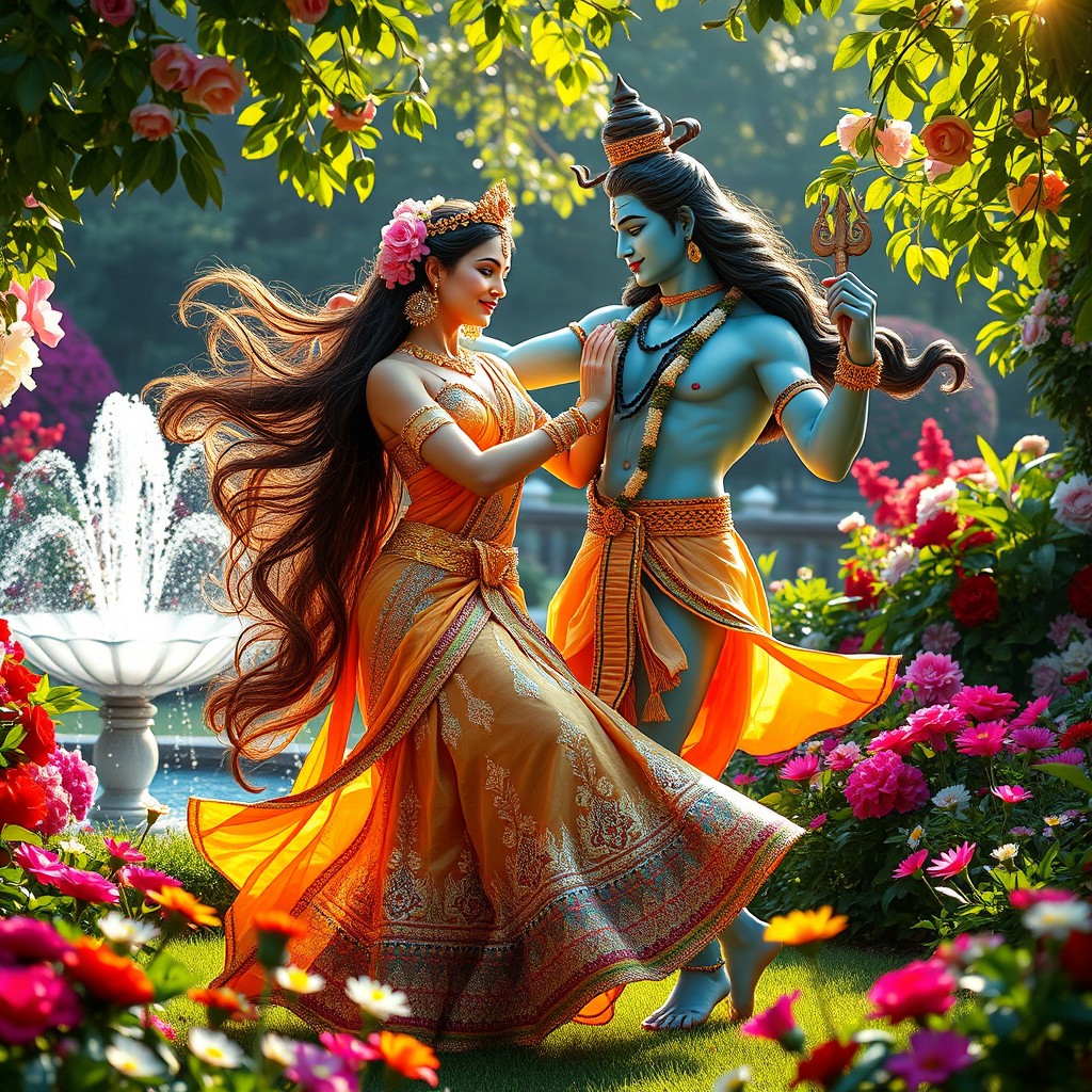 Lalita Tripur Sundari and Lord Shiva dancing gracefully in a lush, vibrant garden filled with colorful flowers, shimmering sunlight filtering through the leaves