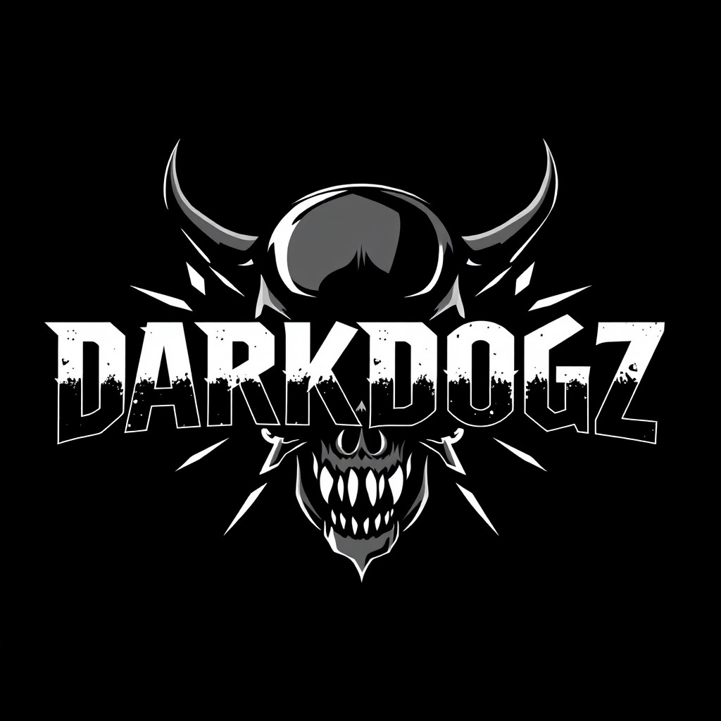 A striking logo design featuring the text 'DARKDOGZ' in bold, aggressive typography, prominently displayed in white against a deep black background