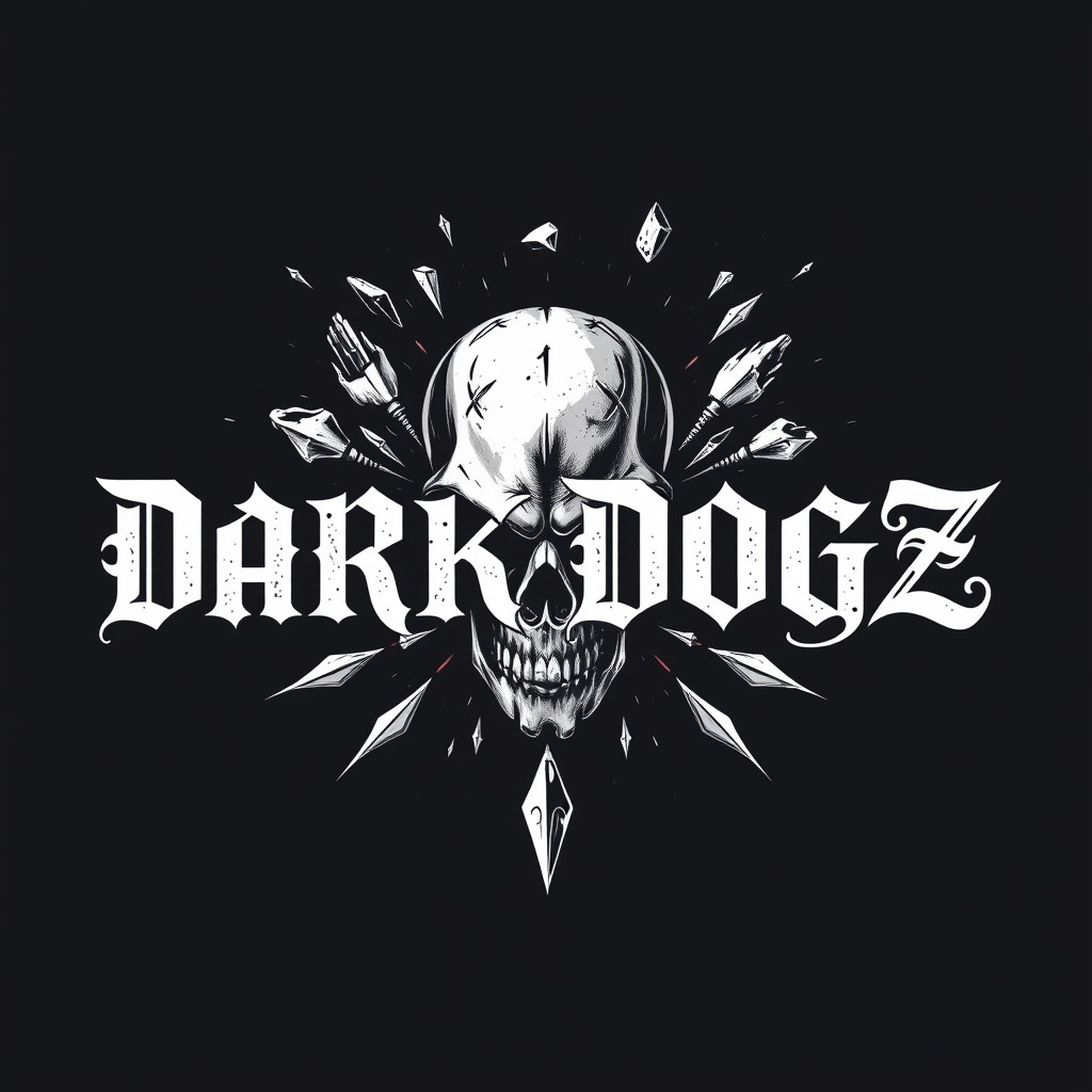 An aggressive gothic logo design featuring the text 'DARKDOGZ' in intricate, ornate white typography on a rich black background