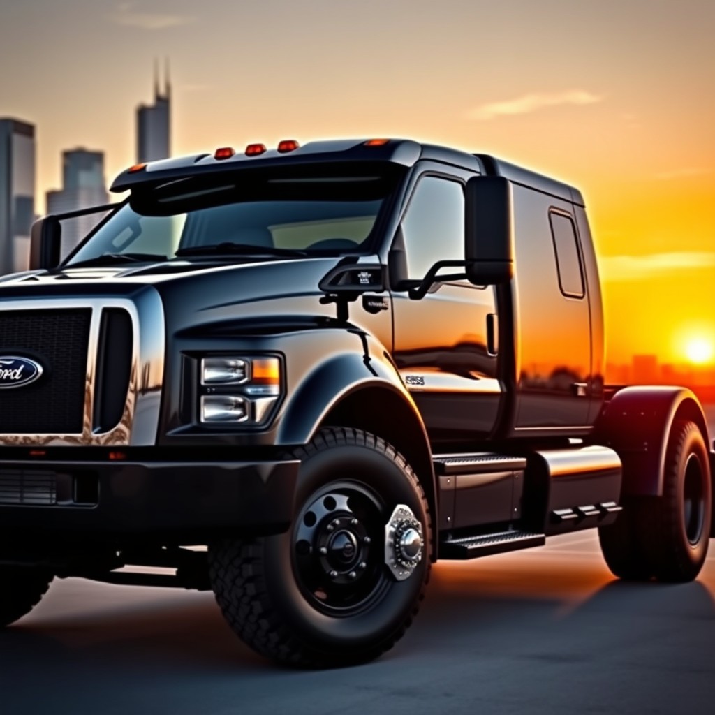 A powerful black Ford F650 truck, showcasing its massive size and bold design in a striking all-black finish