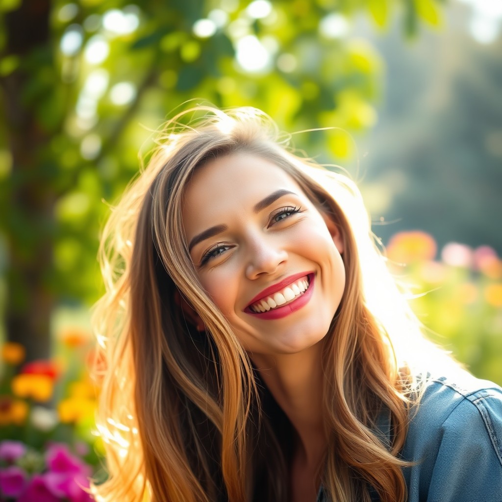 A woman smiling brightly, with a warm and cheerful expression