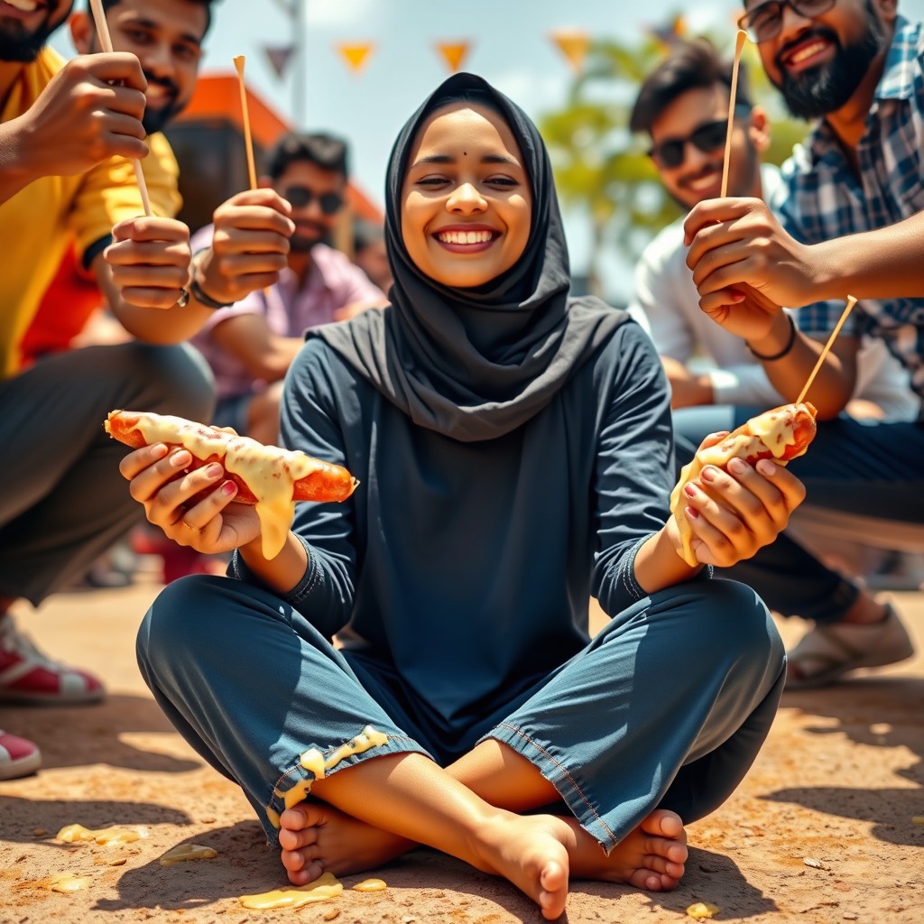 A hot Sri Lankan woman wearing a hijab, about 18 years old, sitting criss-cross on a bright and sunny day
