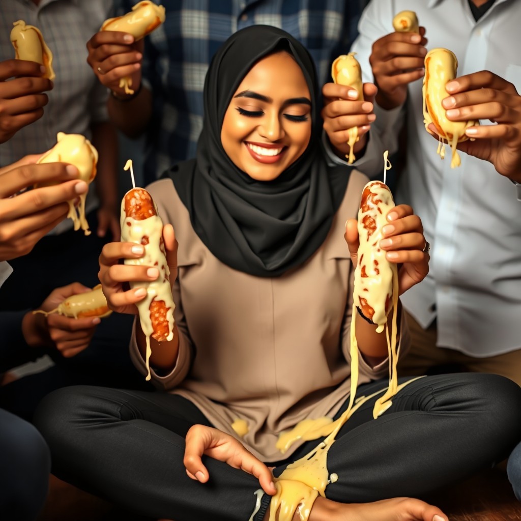 A beautiful Sri Lankan woman wearing a stylish hijab and tasteful makeup reminiscent of mymunah from TikTok, sitting comfortably in a criss-cross position, smiling joyfully with her eyes closed