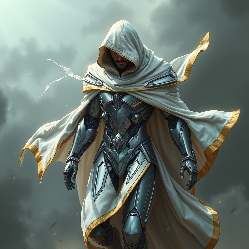 A cloaked warforge character, resembling the intricate design of a robot with silver metallic body, walking against the wind